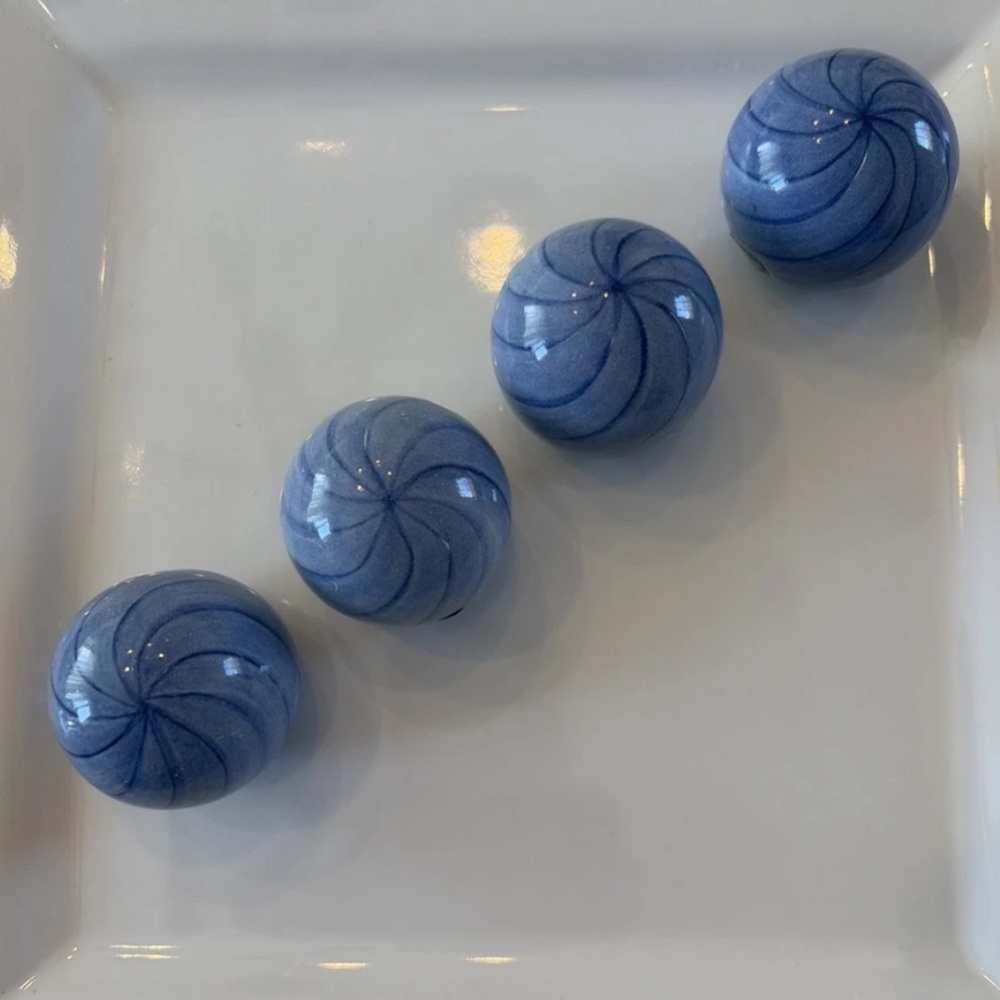 Mackenzie Childs Blue Swirled Majolica Ceramic Drawer Knobs - Set of 4